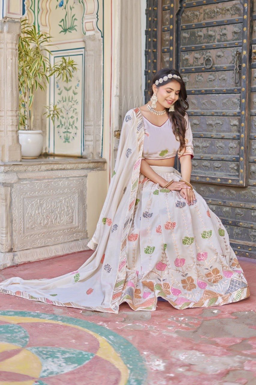Scmd Hand Print Vichitra Sequins Thread Embroidery Hand Printed Lehenga Choli