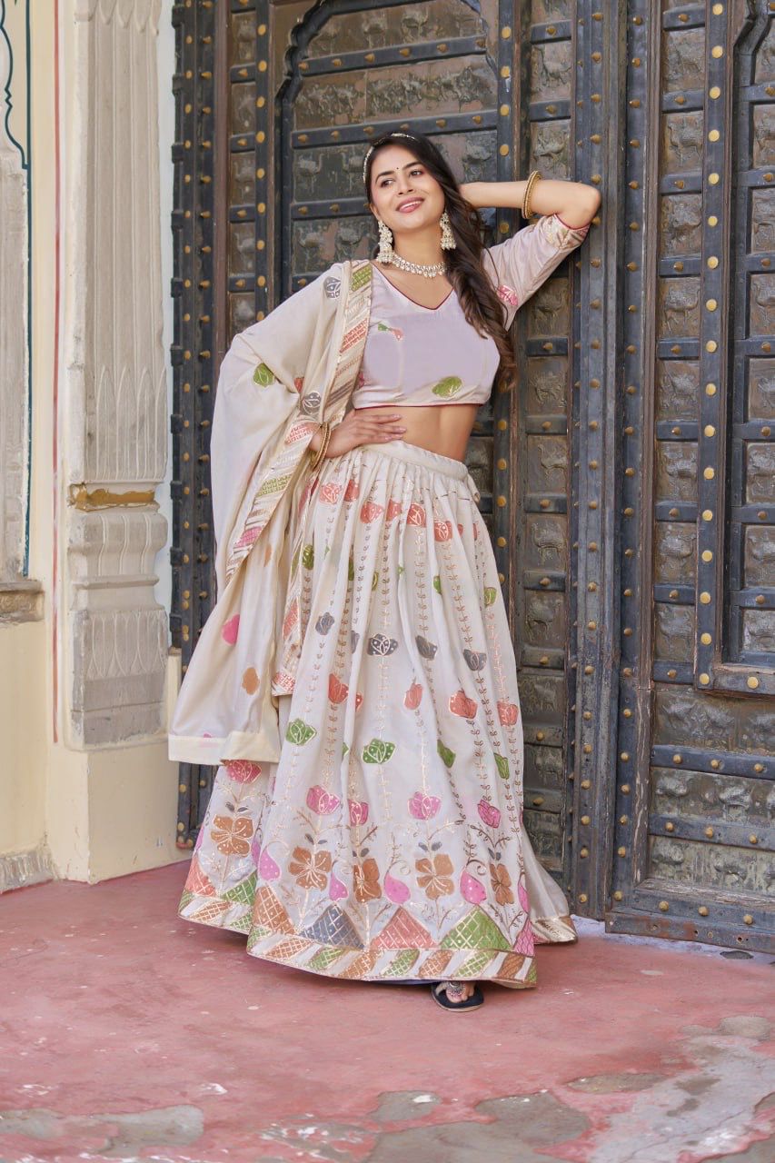 Scmd Hand Print Vichitra Sequins Thread Embroidery Hand Printed Lehenga Choli