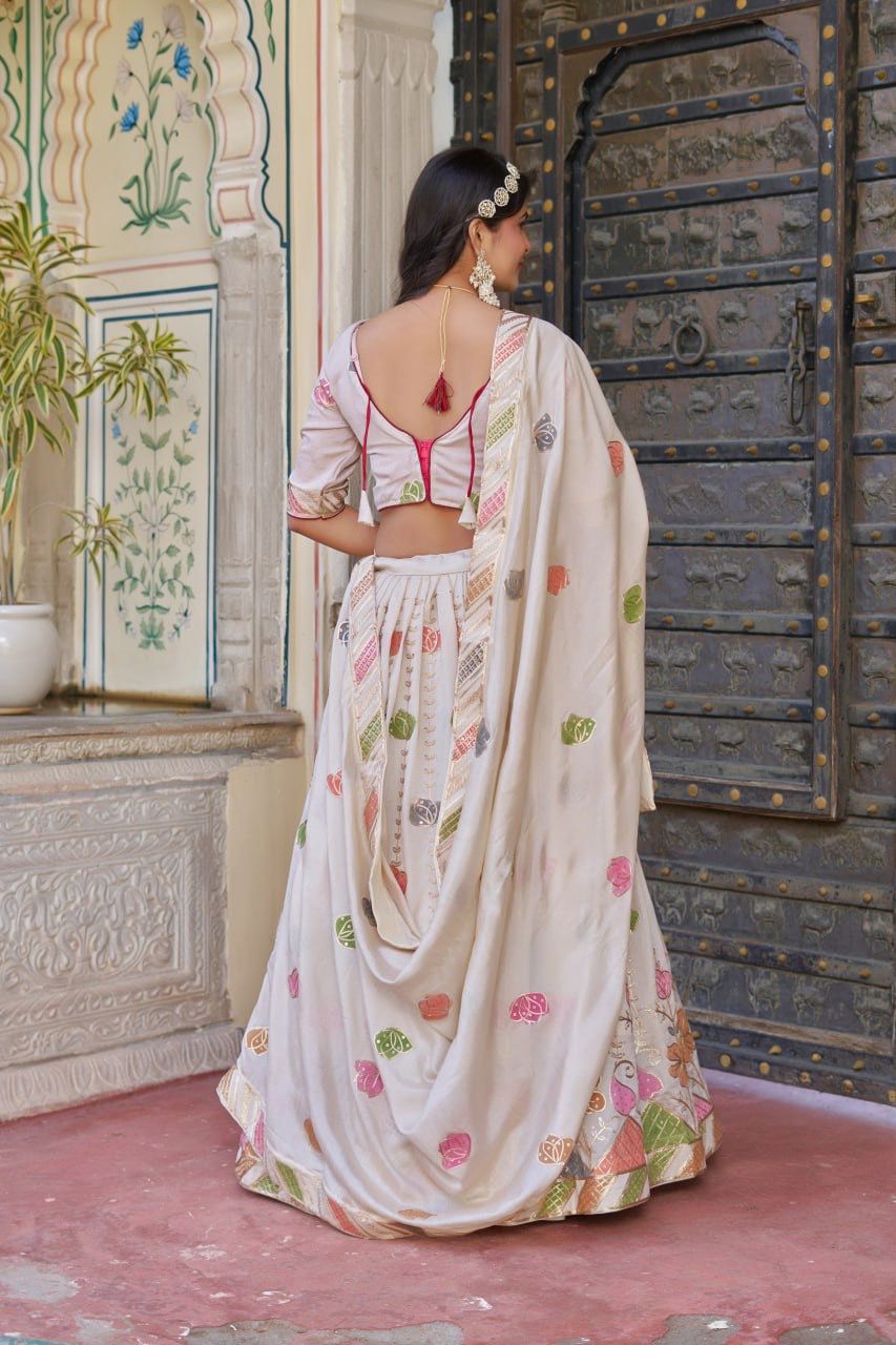 Scmd Hand Print Vichitra Sequins Thread Embroidery Hand Printed Lehenga Choli
