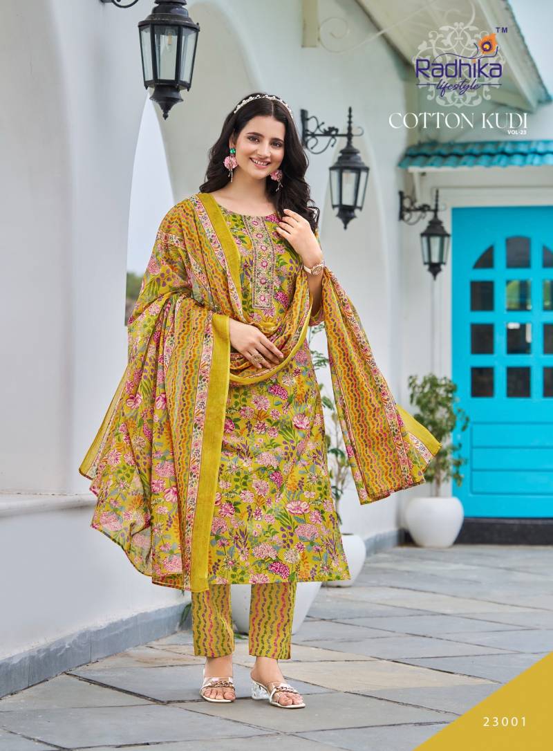 Radhika Cotton Kudi Vol 23 Cotton Kurti Pant With Dupatta Collection