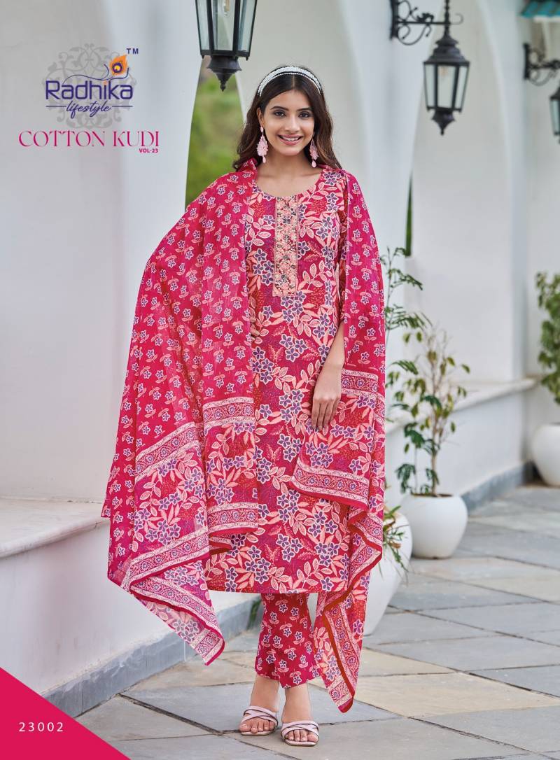 Radhika Cotton Kudi Vol 23 Cotton Kurti Pant With Dupatta Collection