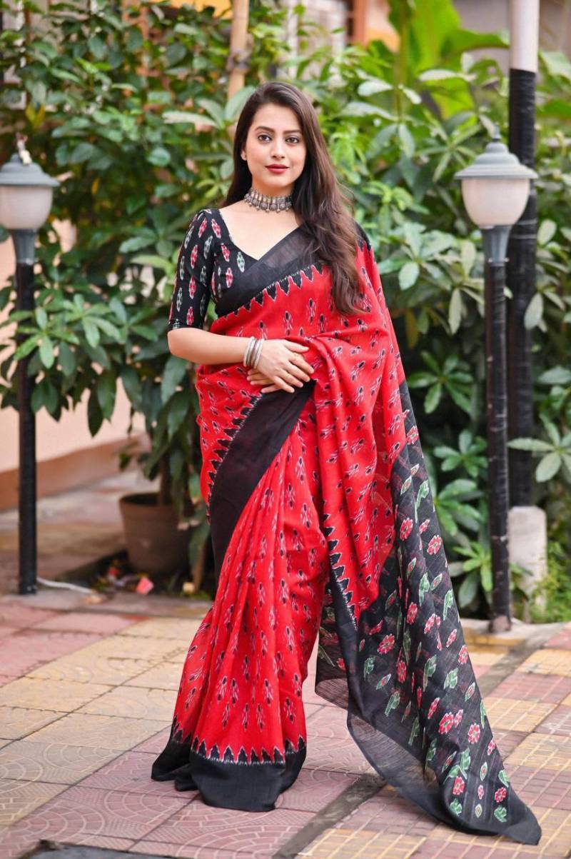 Scmd Anokhi B Linen Ikkat Printed Linen Cotton Fancy Sarees Collection