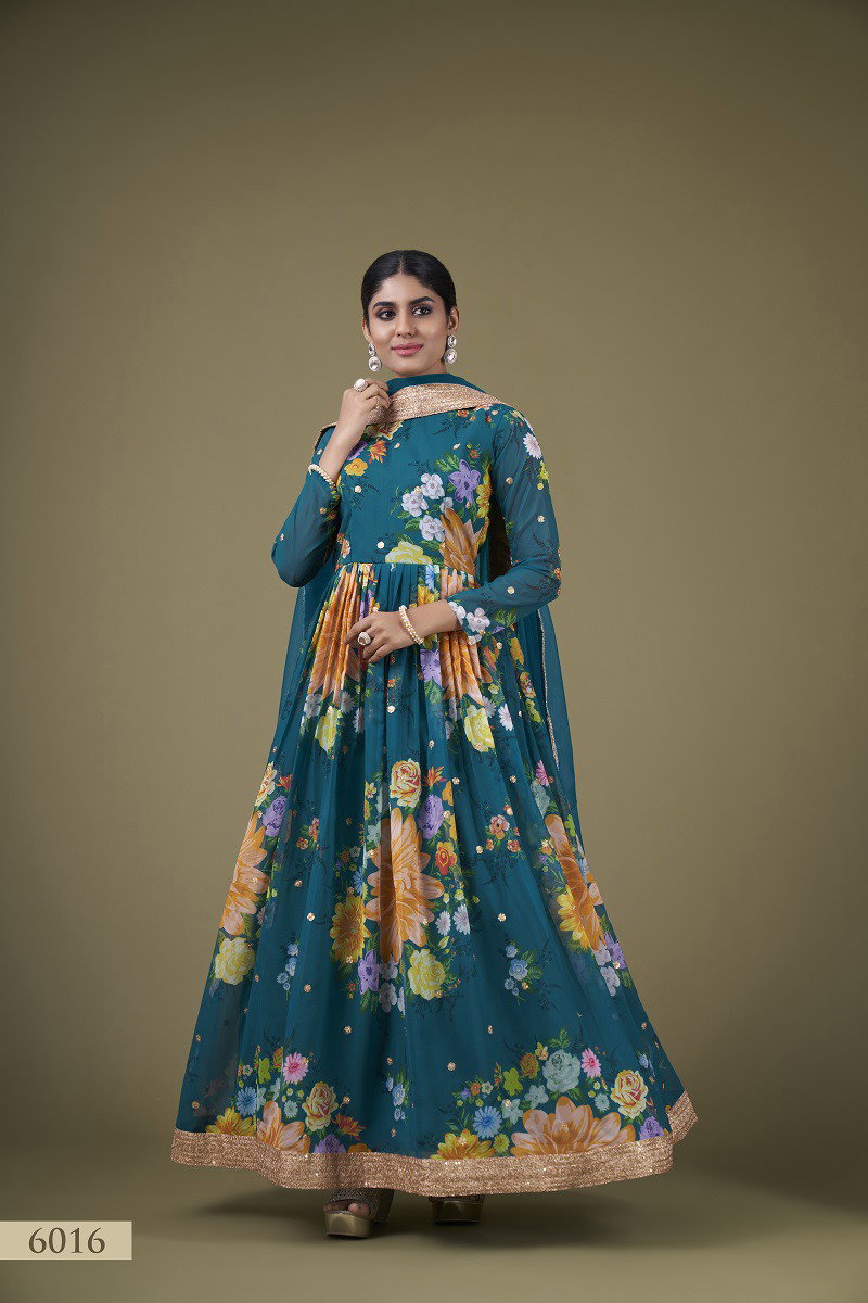 Aawiya Floral Vol 1 6013 Teal Faux Georgette Floral Printed Gown Collection