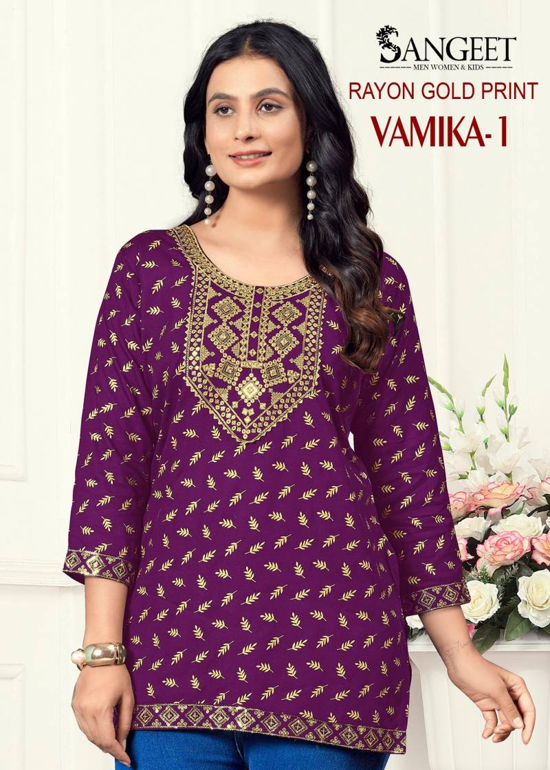 Sangeet Vamika 1 Rayon Gold Printed Embroidered Short Kurti