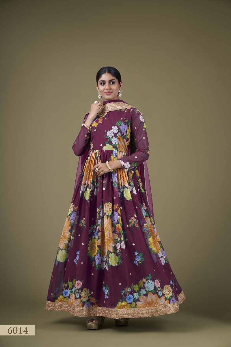 Aawiya Floral Vol 1 6014 Wine Faux Georgette Floral Printed Gown Collection