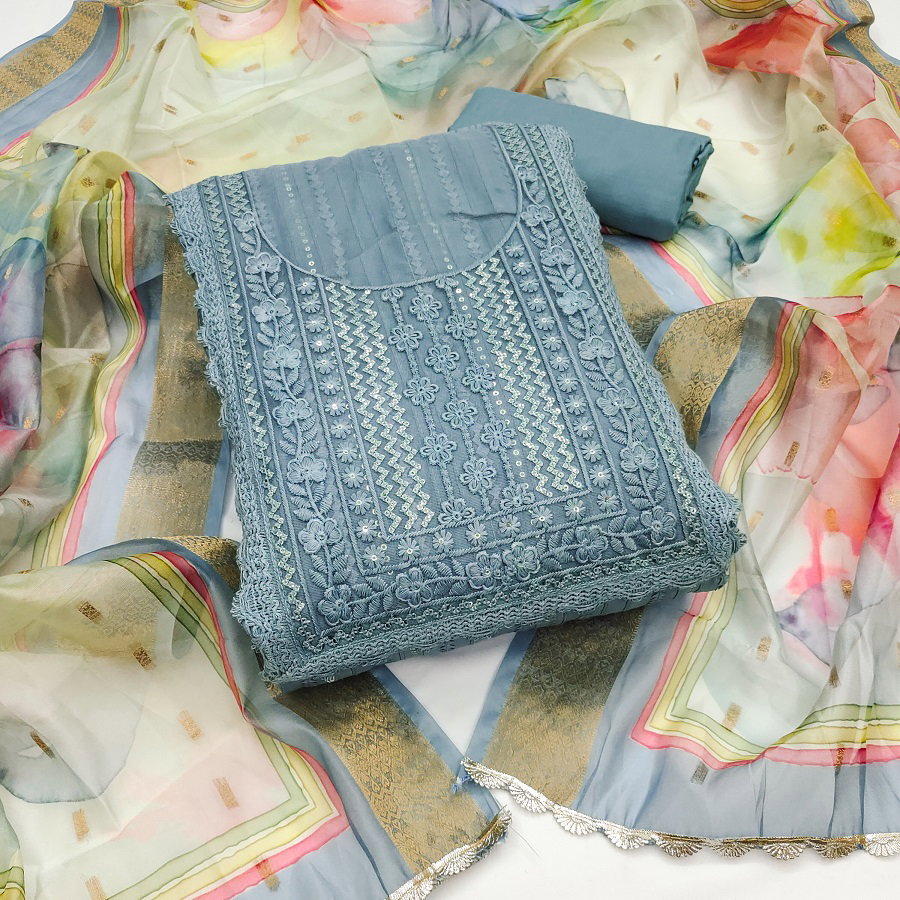 Kriti 11453 Party Wear Semi Stitched Embroidery Worked Pure Roman Cotton Silk top with Bottom and Dupatta Suit