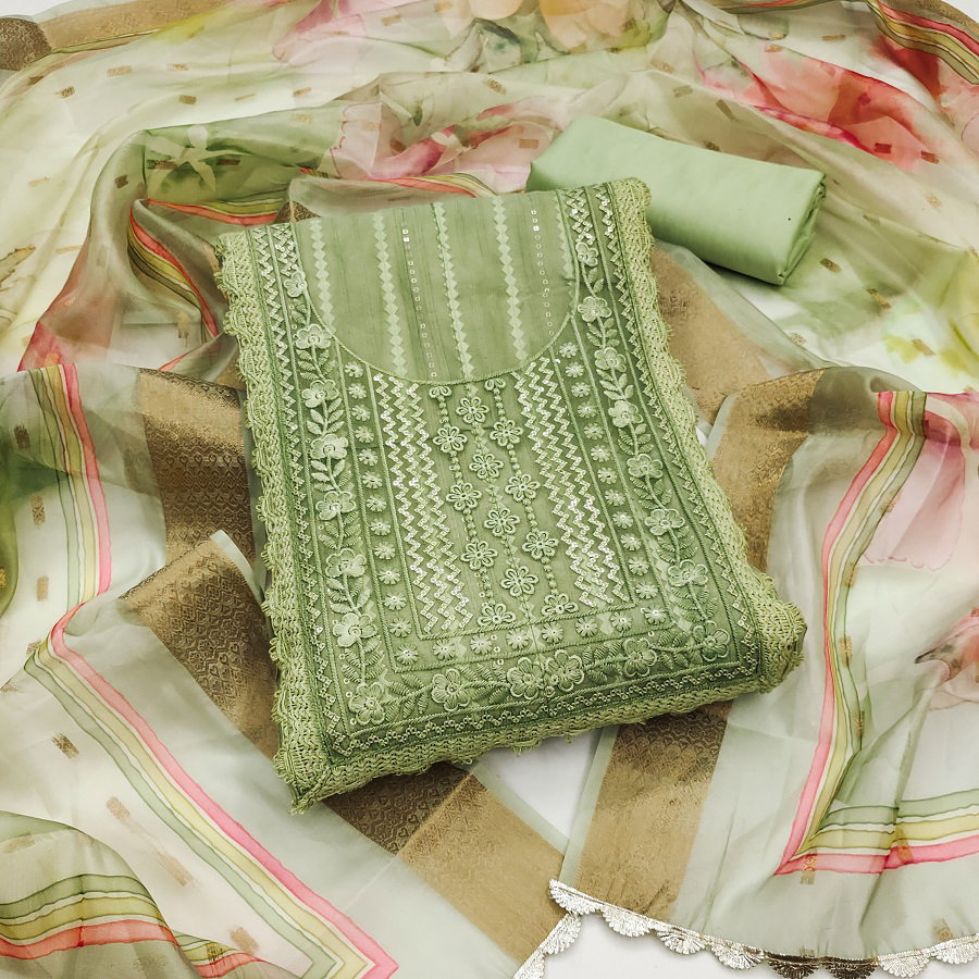 Kriti 11453 Party Wear Semi Stitched Embroidery Worked Pure Roman Cotton Silk top with Bottom and Dupatta Suit