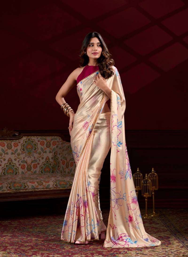 Moti Print 1 Smooth Japan Satin Silk Flower Digital Printed Saree