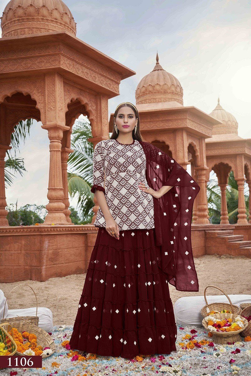 Aawiya Muraad Vol 1 1106 Maroon Faux Georgette Embroidery Crop top With Lehenga