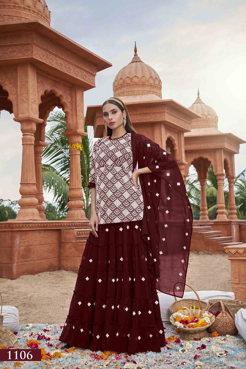 Aawiya Muraad Vol 1 1106 Maroon Faux Georgette Embroidery Crop top With Lehenga