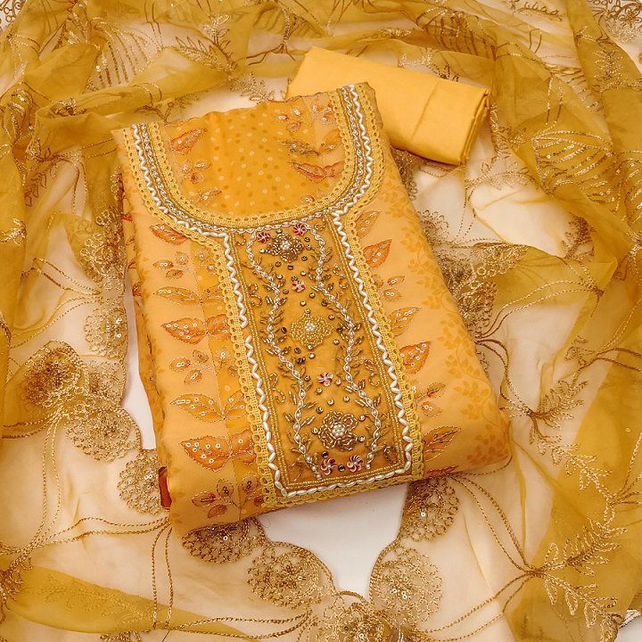 Kriti 11447 Party Wear Semi Stitched Handwork Viscos Organza top with Bottom and Dupatta Suit