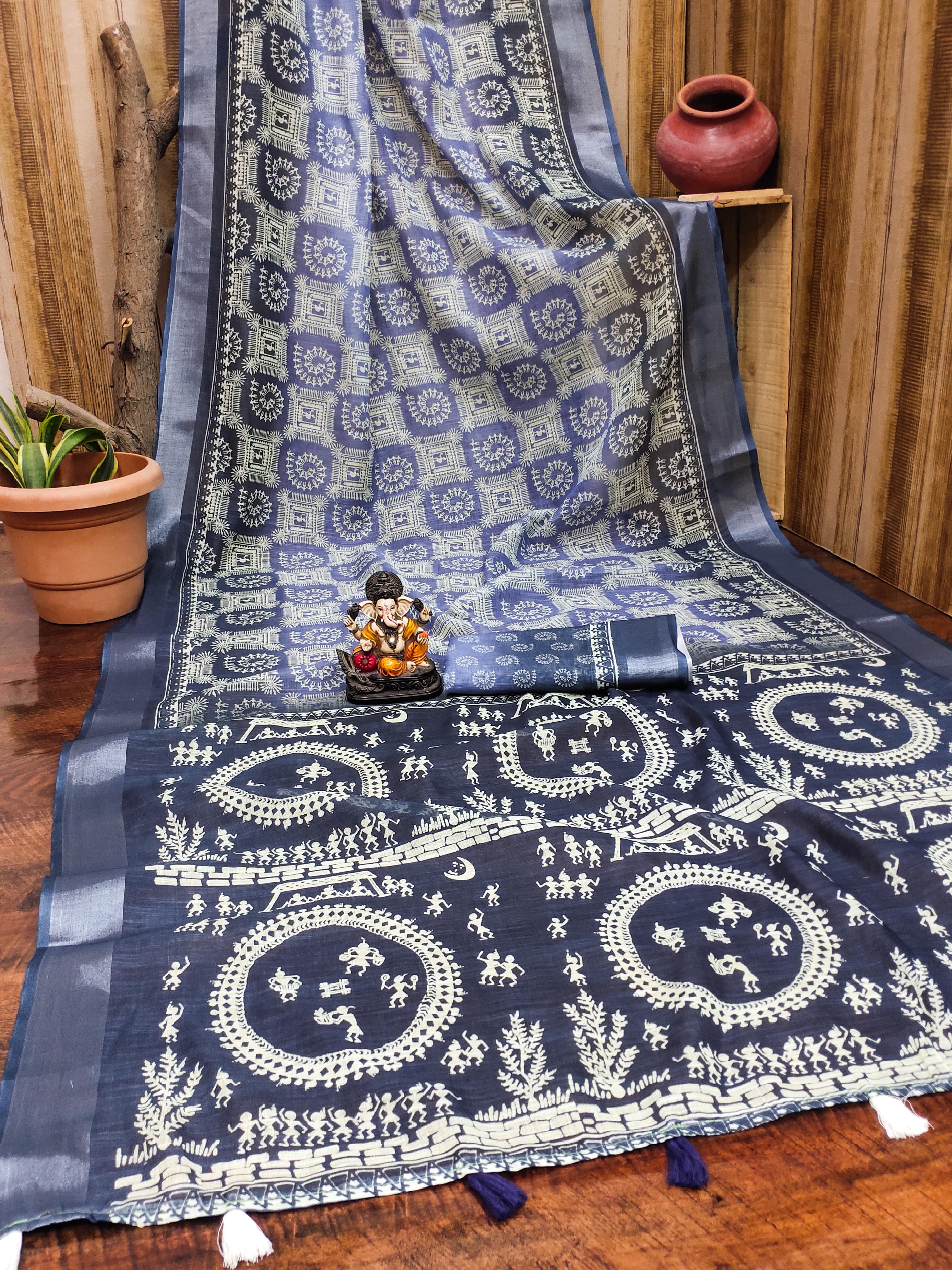 Lekha VC Silver Linen Soft Linen Cotton Digital Printed Saree