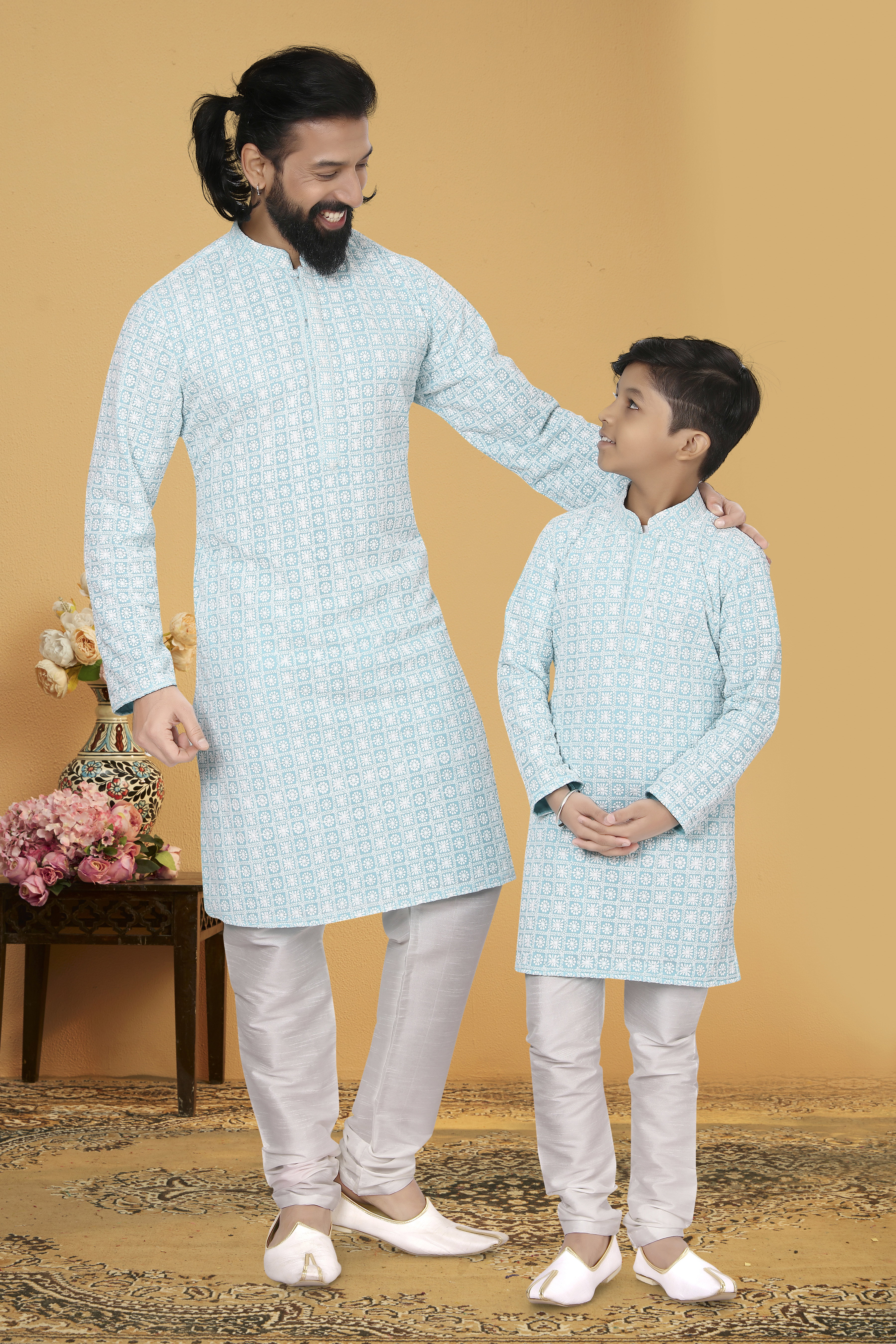 Swarg 1101 To 1107 Series Georgette Embroidery Father Son Combo Kurta Pajama Collection