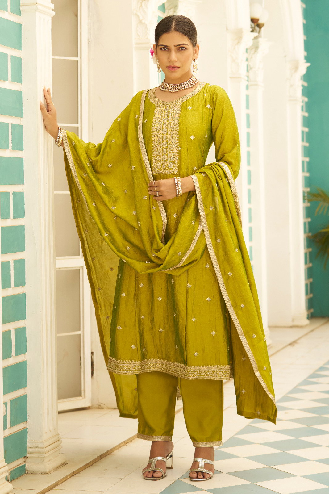 VredeVogel Samyukta Vichitra Silk Embroidery Anarkali Style Kurti Bottom With Dupatta