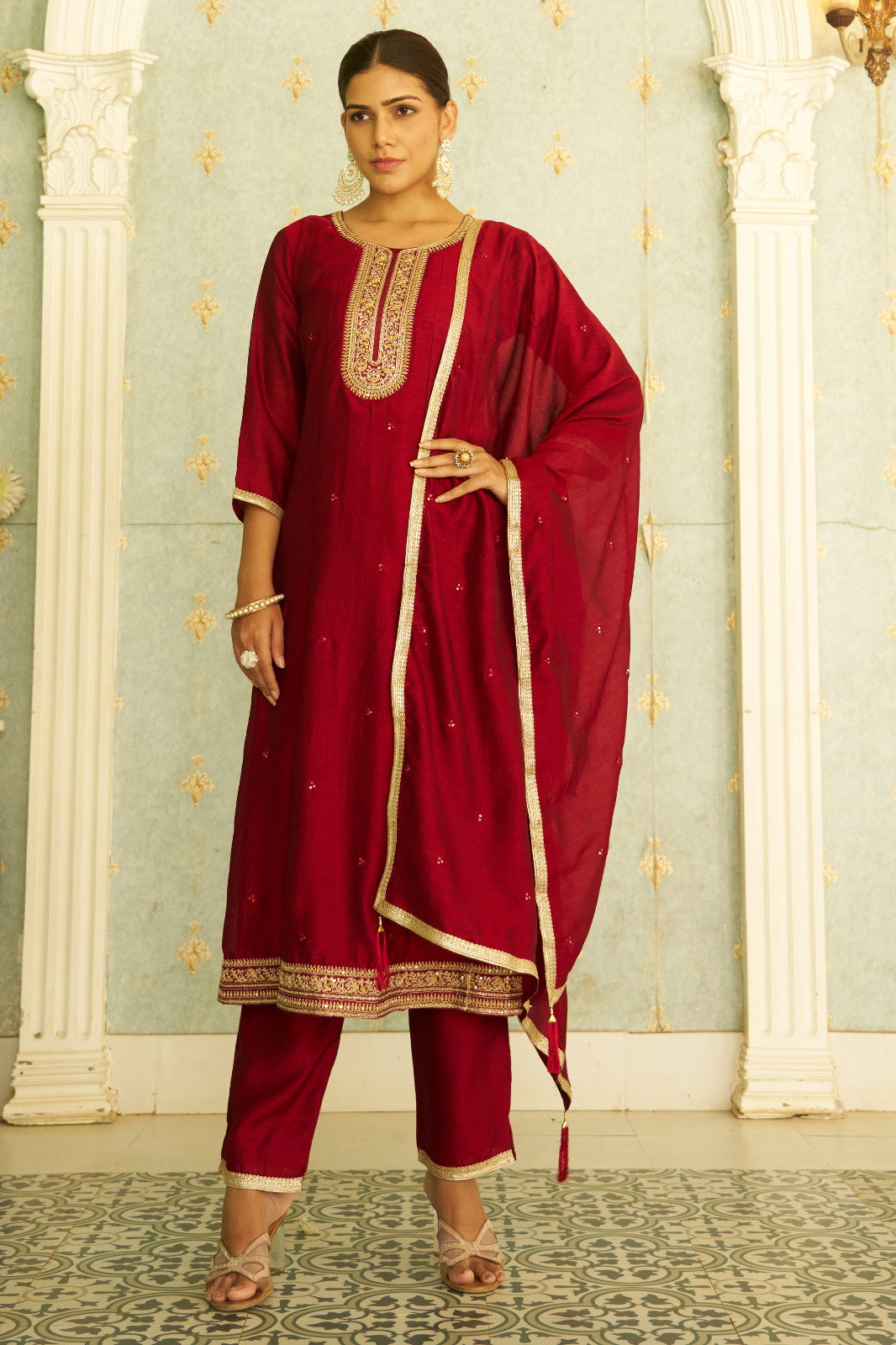 VredeVogel Samyukta Vichitra Silk Embroidery Anarkali Style Kurti Bottom With Dupatta