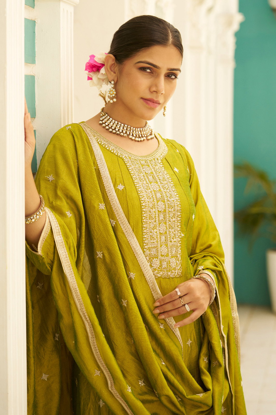 VredeVogel Samyukta Vichitra Silk Embroidery Anarkali Style Kurti Bottom With Dupatta