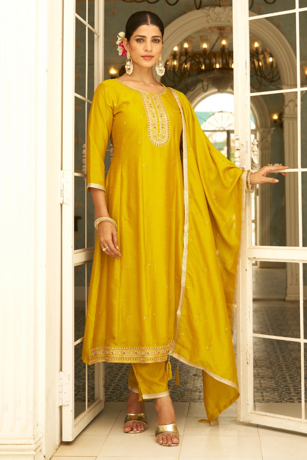 VredeVogel Samyukta Vichitra Silk Embroidery Anarkali Style Kurti Bottom With Dupatta