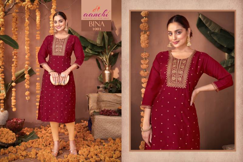 Aanchi Bina Roman Silk Straight Embroidered Kurti