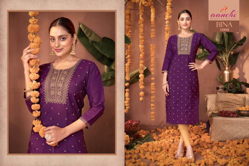 Aanchi Bina Roman Silk Straight Embroidered Kurti