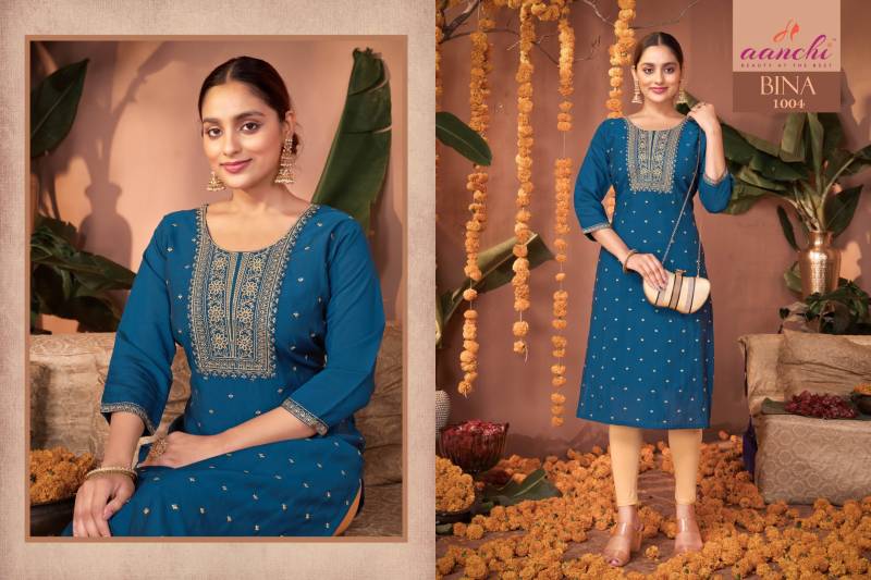 Aanchi Bina Roman Silk Straight Embroidered Kurti