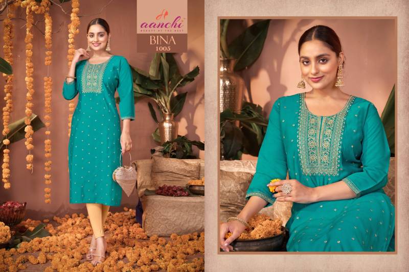 Aanchi Bina Roman Silk Straight Embroidered Kurti