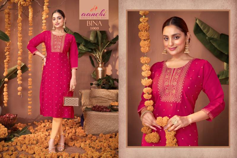 Aanchi Bina Roman Silk Straight Embroidered Kurti