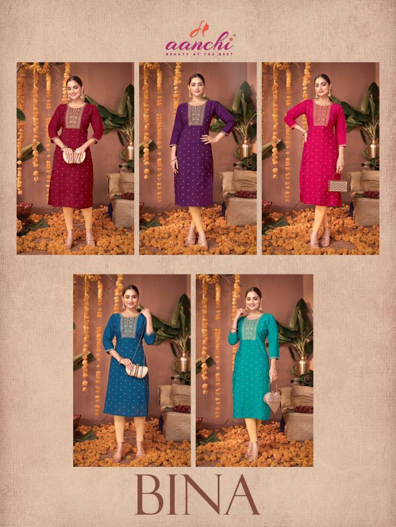 Aanchi Bina Roman Silk Straight Embroidered Kurti