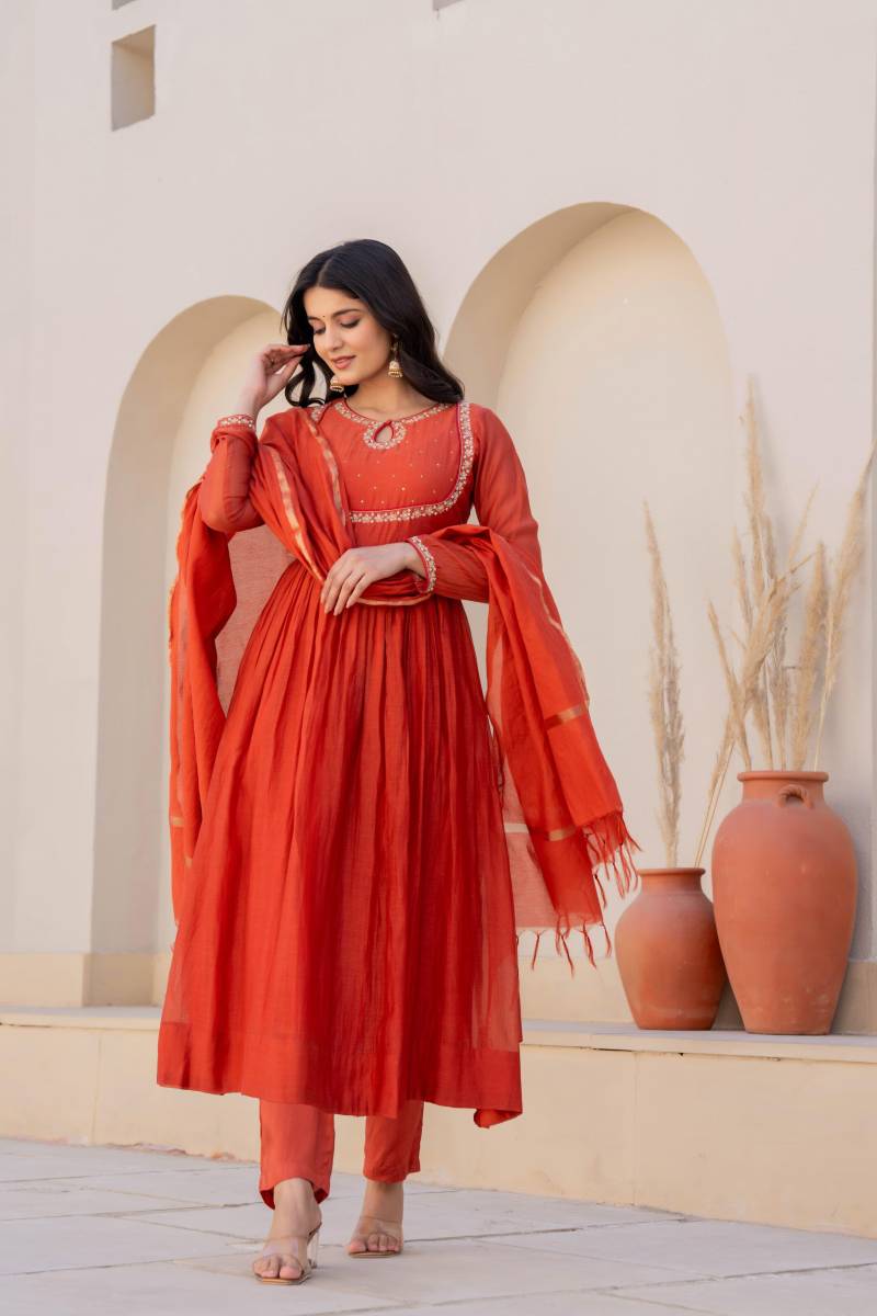 Naisha K 136 Mal Chanderi Anarkali Kurti Bottom With Dupatta
