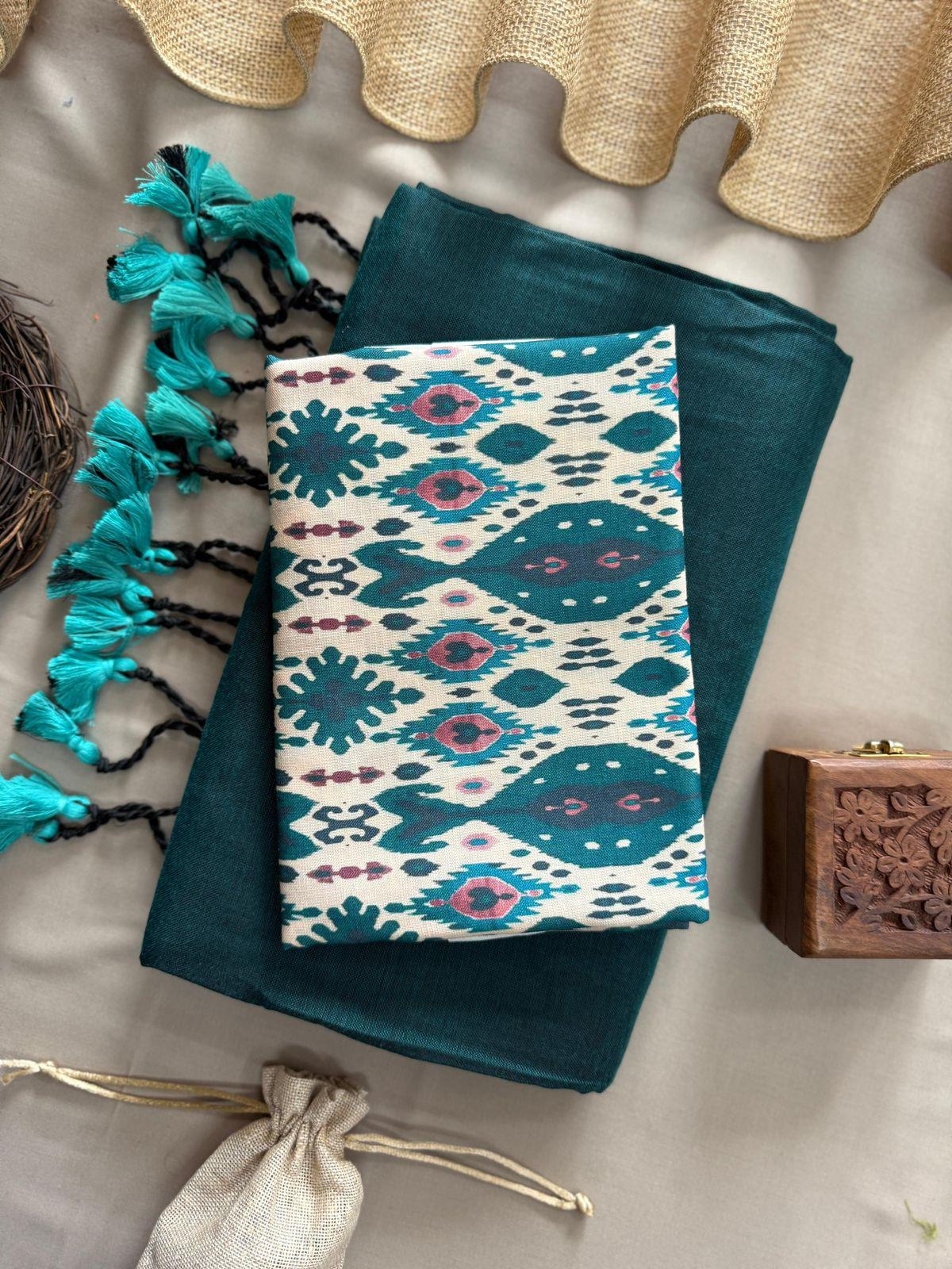 Lekha Cf 112 Khadi Cotton Plain Saree With Printed Blouse