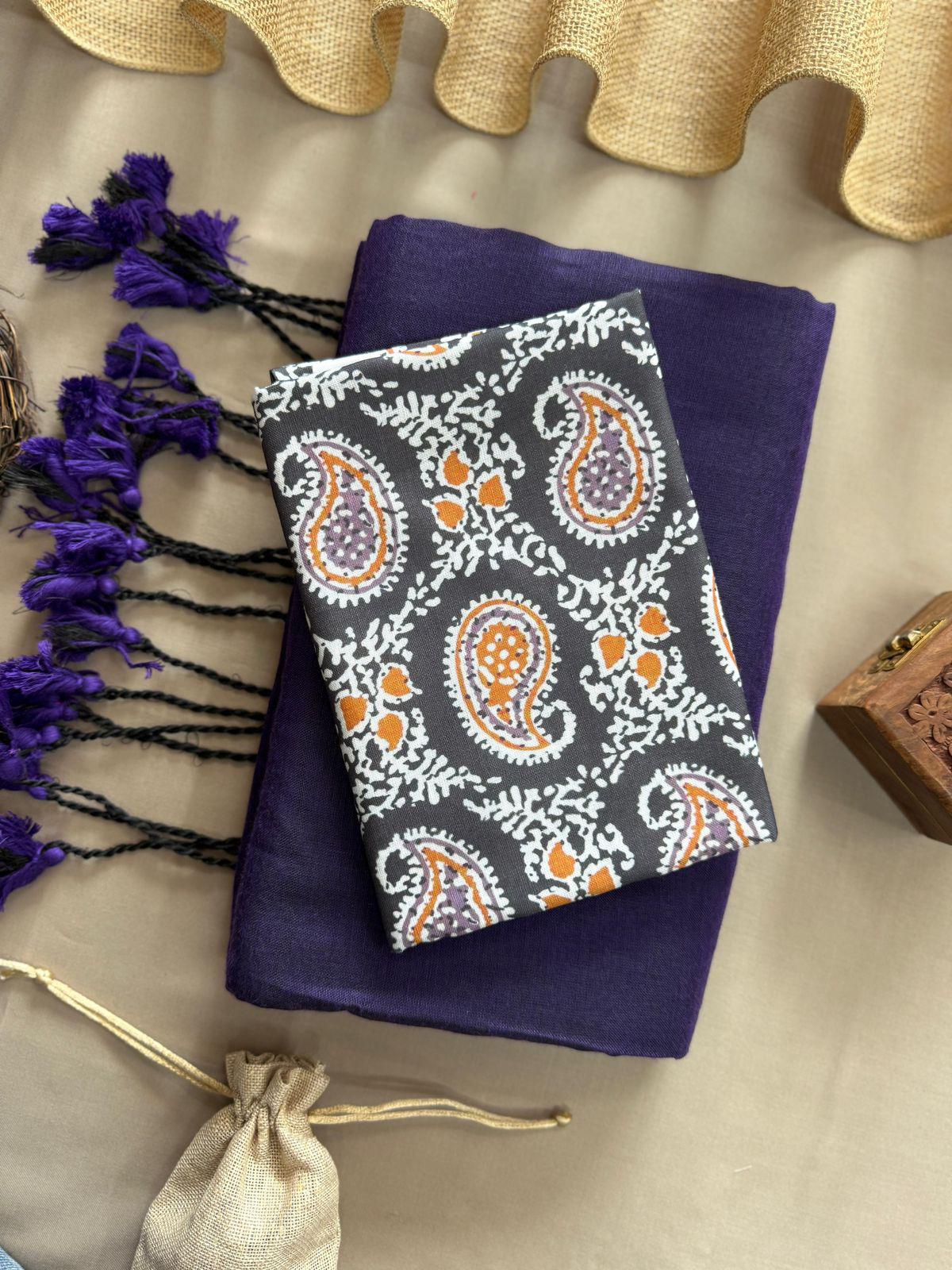 Lekha Cf 112 Khadi Cotton Plain Saree With Printed Blouse