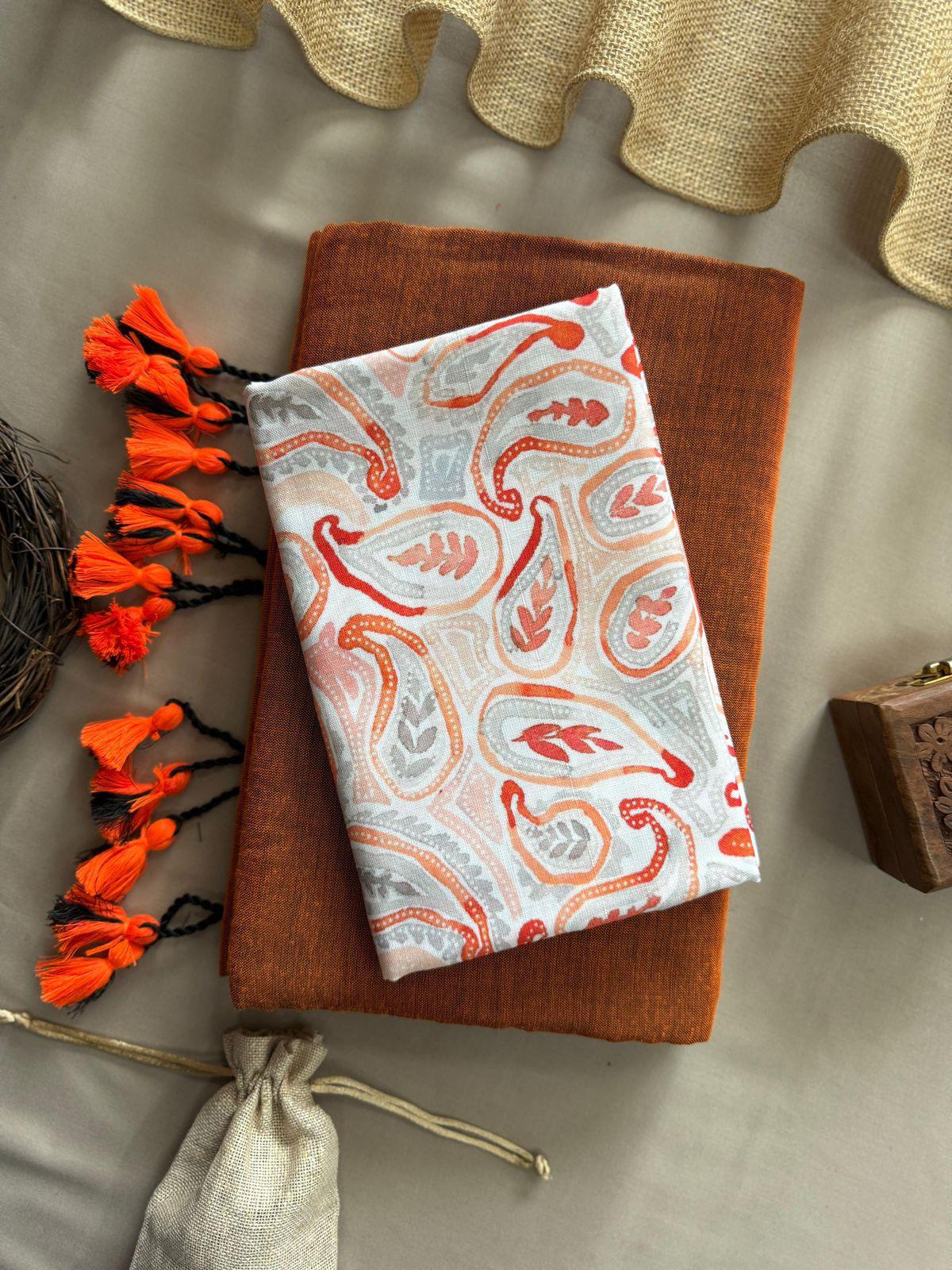 Lekha Cf 112 Khadi Cotton Plain Saree With Printed Blouse