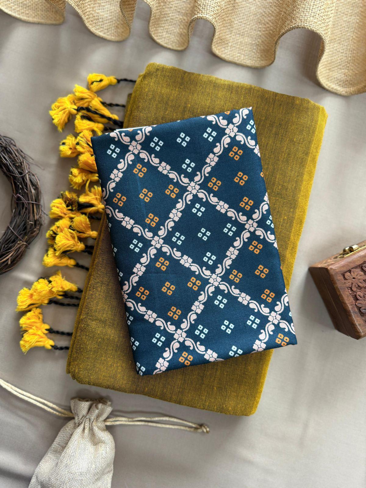 Lekha Cf 112 Khadi Cotton Plain Saree With Printed Blouse