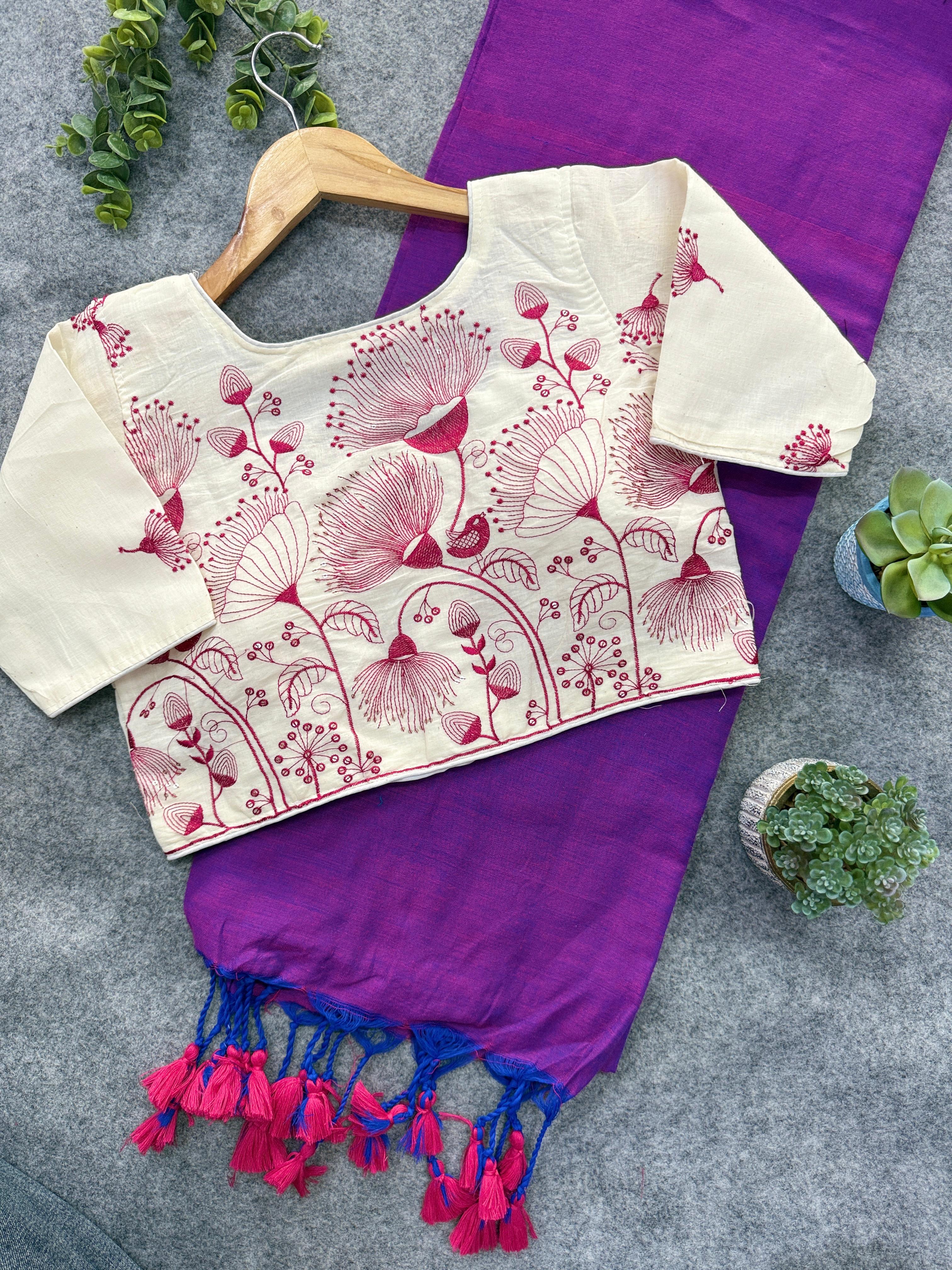 Lekha Cf 116 Khadi Cotton Plain Saree With Embroidery Blouse