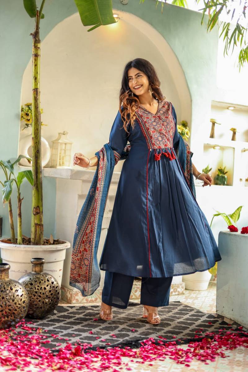 Naisha K 144 Cotton Fancy Neck Kurti Bottom With Dupatta