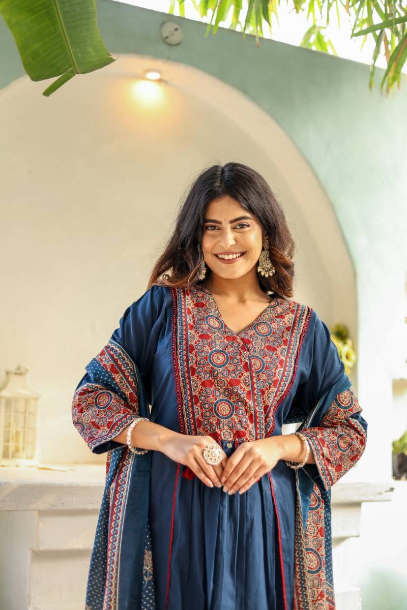 Naisha K 144 Cotton Fancy Neck Kurti Bottom With Dupatta