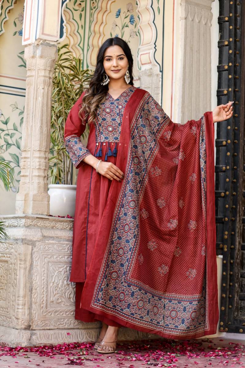 Naisha K 144 Cotton Fancy Neck Kurti Bottom With Dupatta