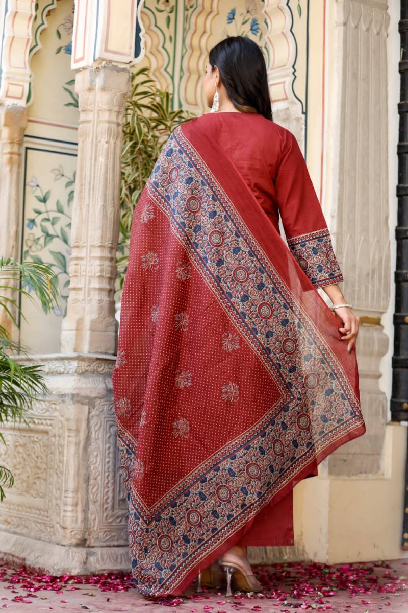 Naisha K 144 Cotton Fancy Neck Kurti Bottom With Dupatta