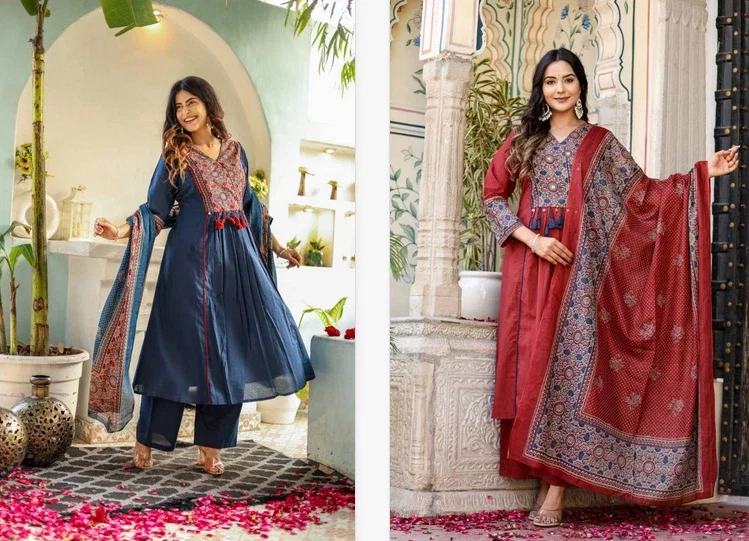 Naisha K 144 Cotton Fancy Neck Kurti Bottom With Dupatta