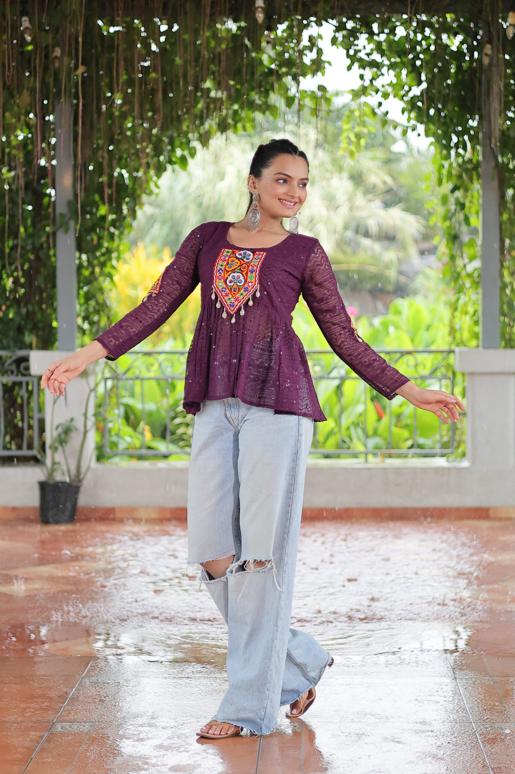 Lekha KA 1186 Georgette Schiffli Gamthi Patch Work Navratri Top Collection