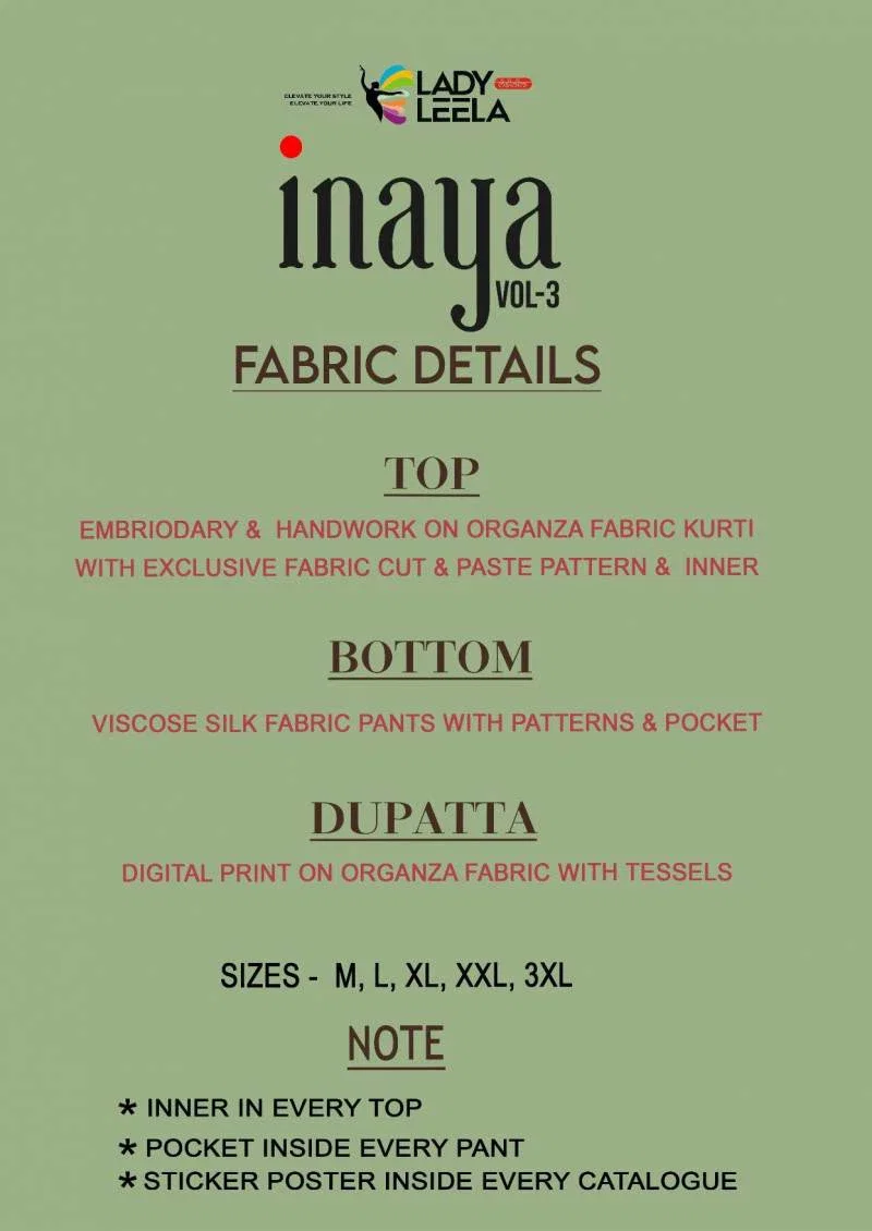 Lady Leela Inaya Vol 3 Organza Kurti Pant With Dupatta