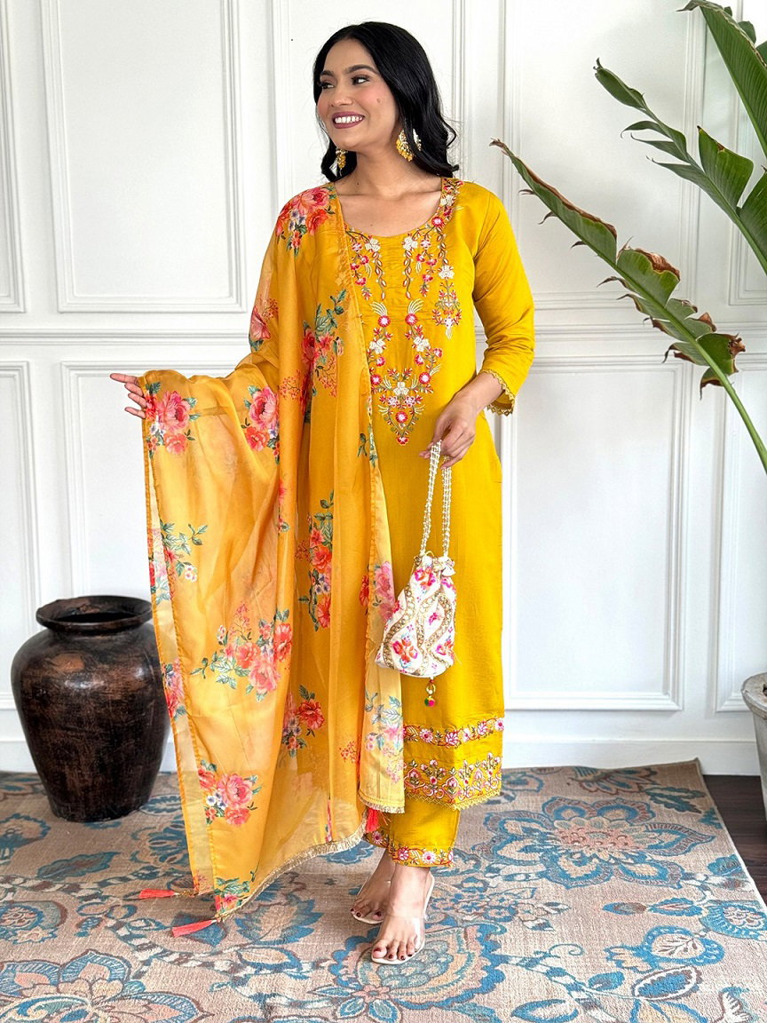 Navya Kurti 107 Party Wear Embroidery Worked Silk Blend Kurti with Pant and Dupatta Set 