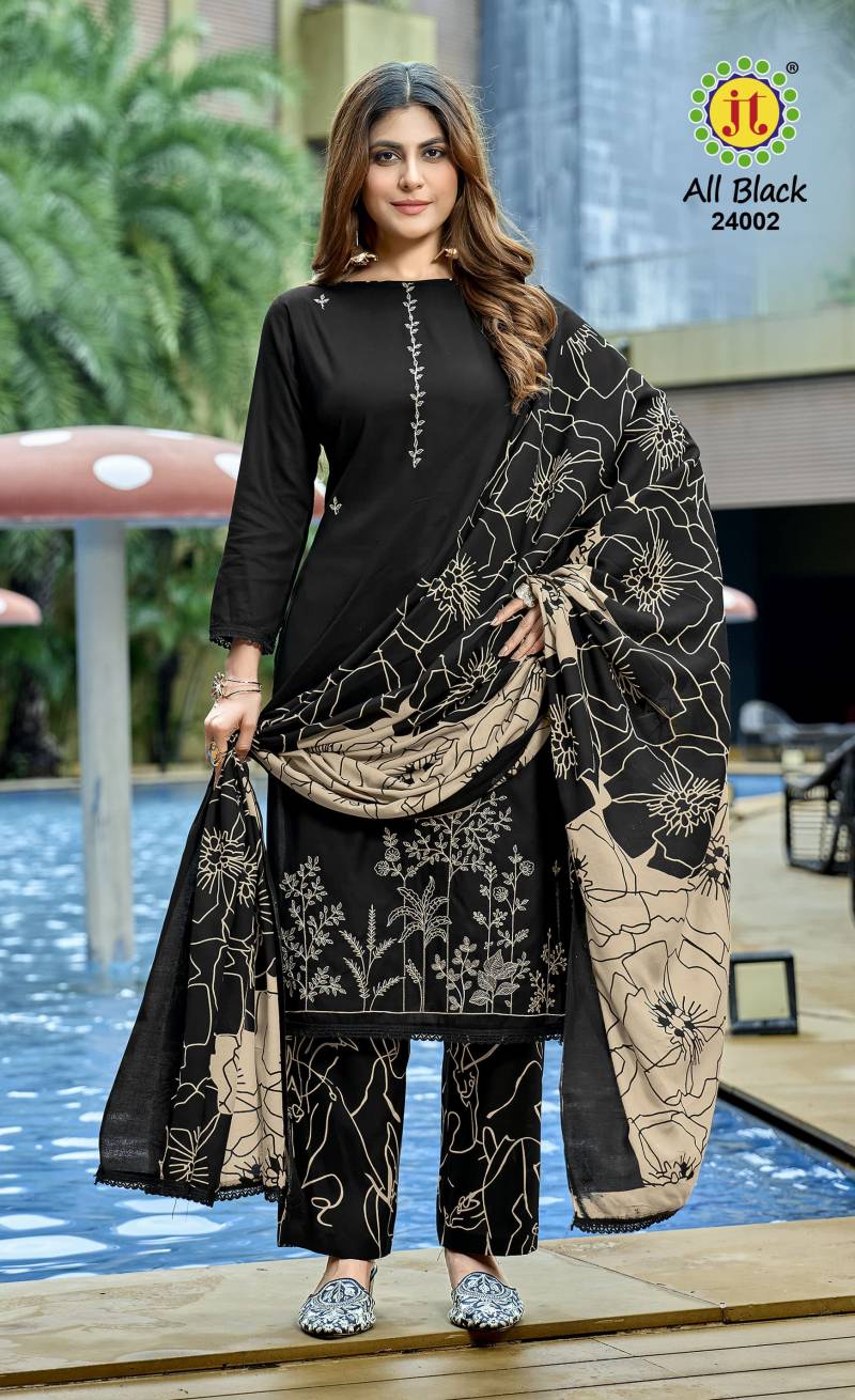 Jt All Black Vol 24 Rayon Embroidered Dress Material