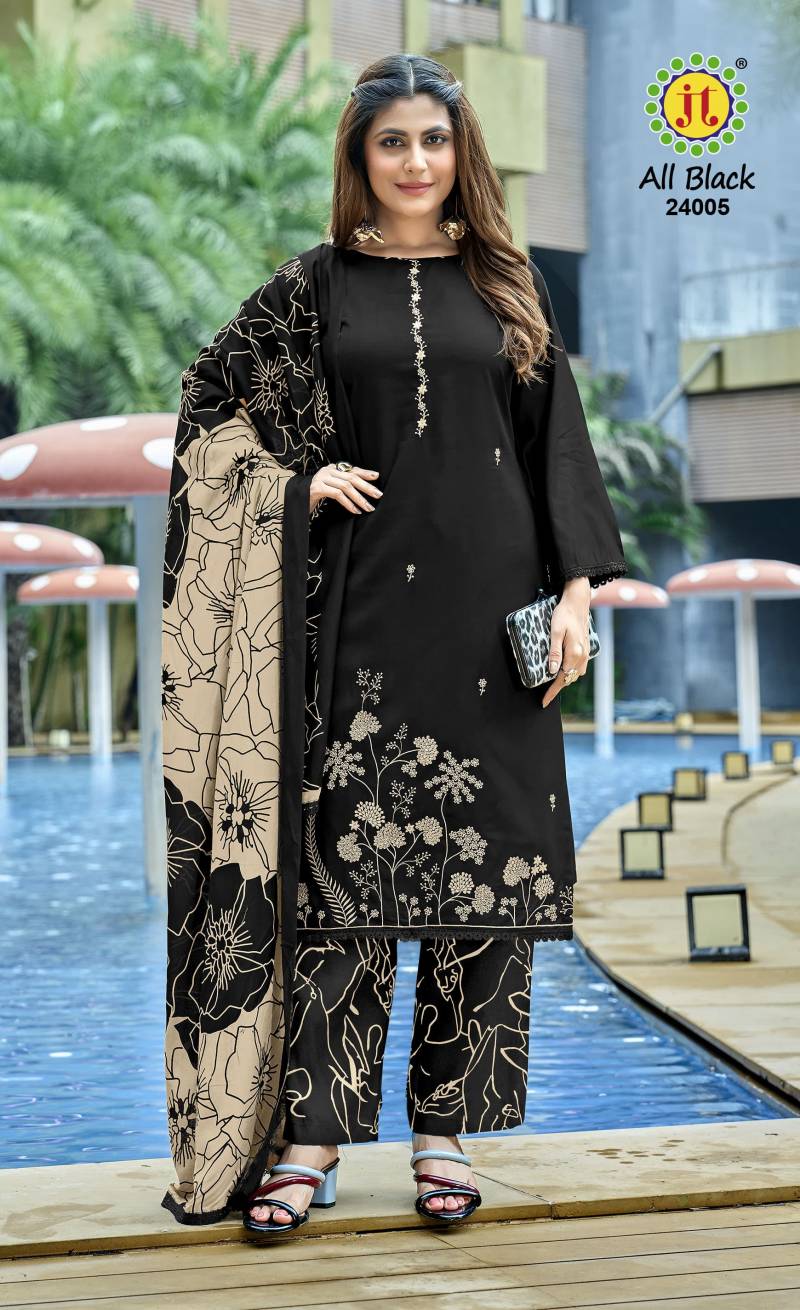 Jt All Black Vol 24 Rayon Embroidered Dress Material