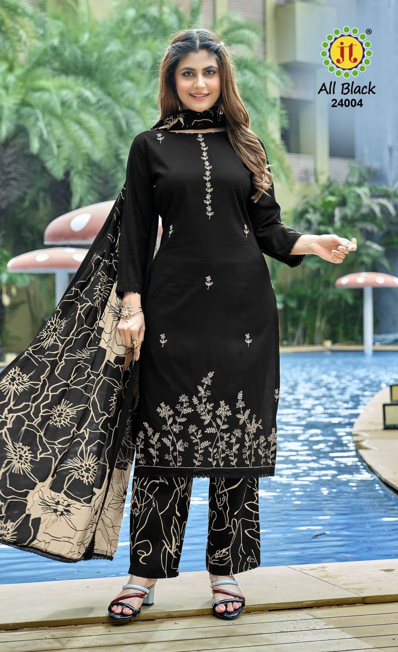 Jt All Black Vol 24 Rayon Embroidered Dress Material