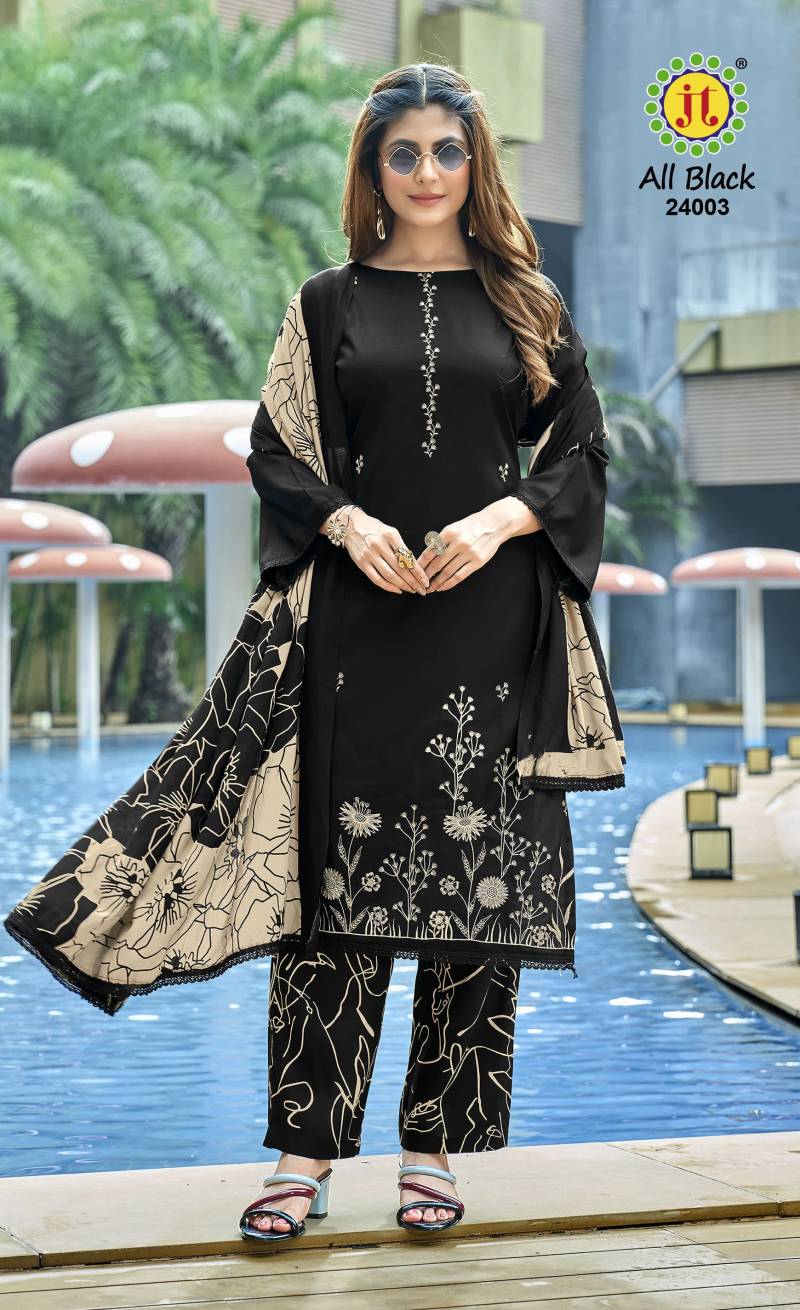Jt All Black Vol 24 Rayon Embroidered Dress Material