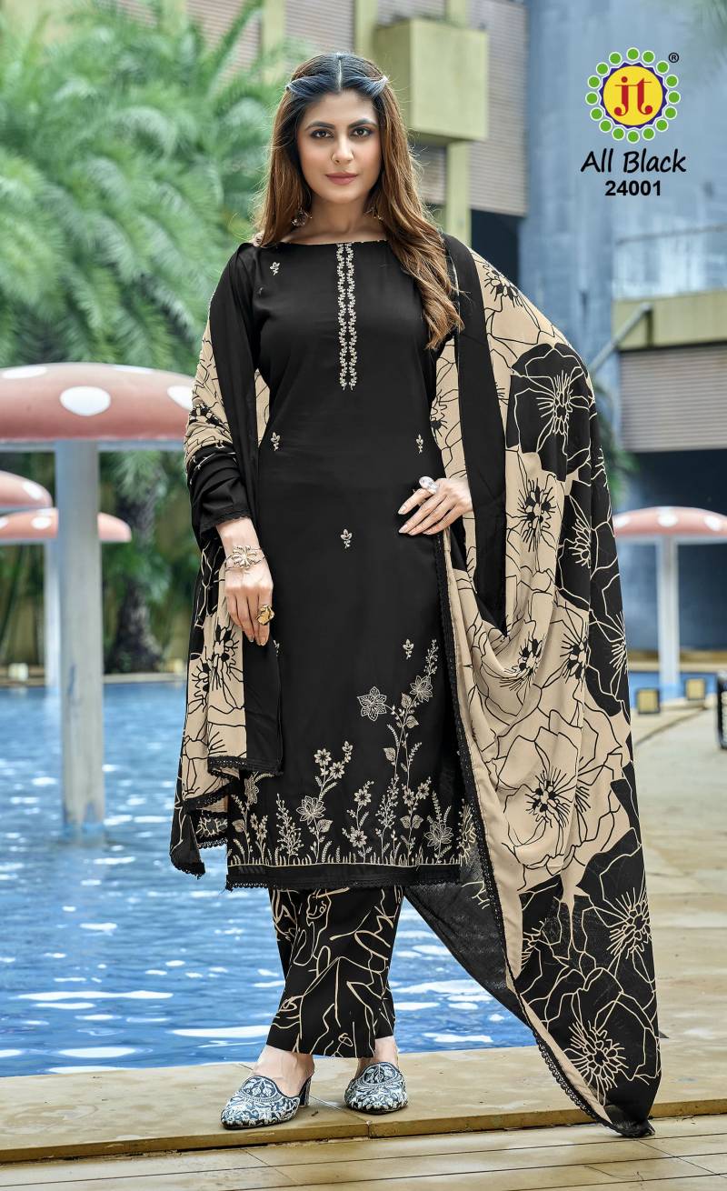 Jt All Black Vol 24 Rayon Embroidered Dress Material