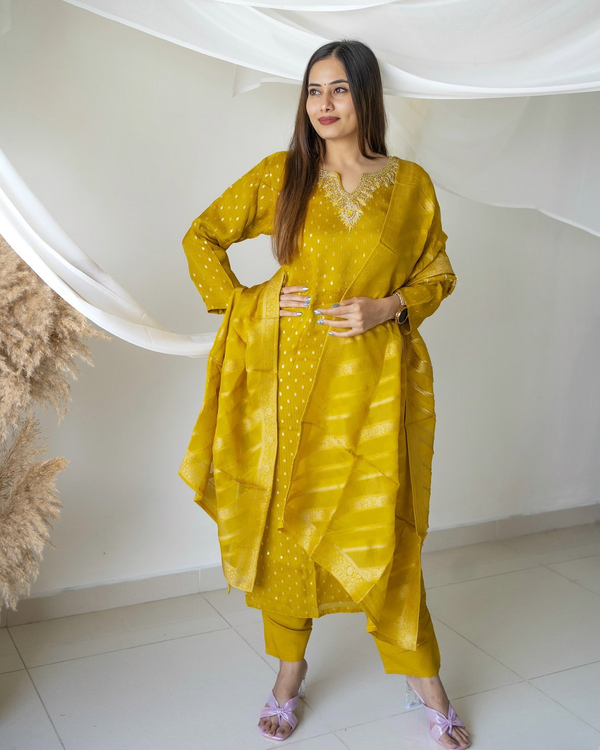 Navya Kurti 110 Party Wear Embroidery Worked Jacquard Silk Blend Kurti with Pant and Dupatta Set 