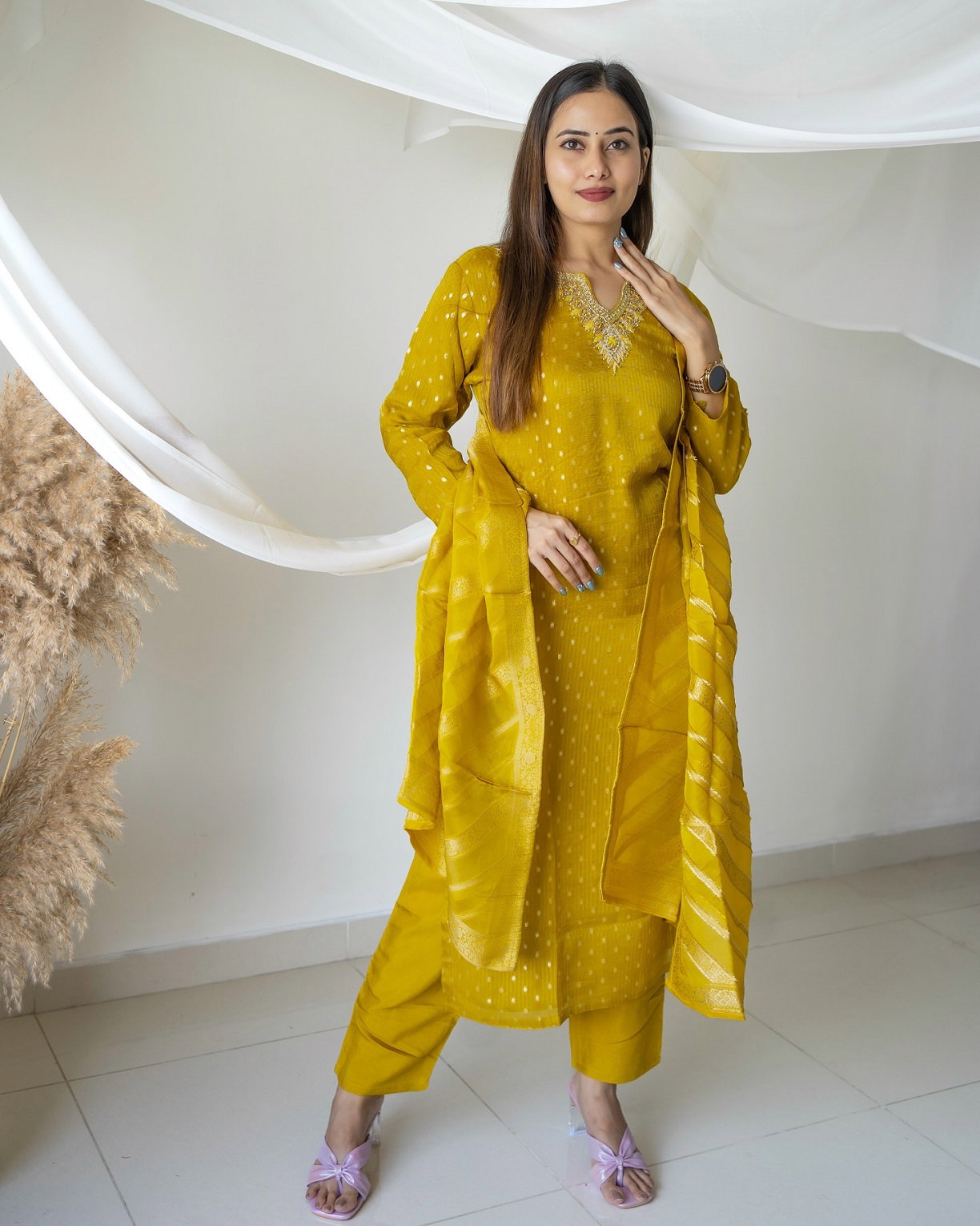 Navya Kurti 110 Party Wear Embroidery Worked Jacquard Silk Blend Kurti with Pant and Dupatta Set 