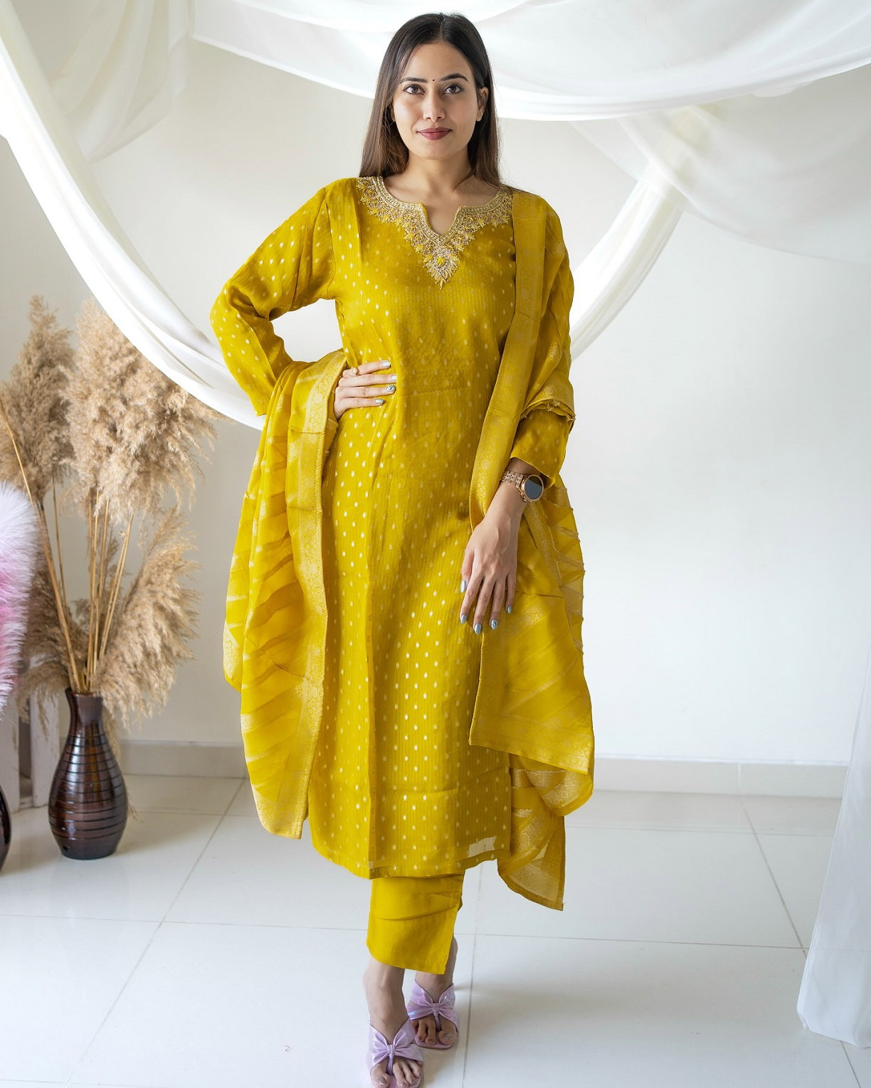 Navya Kurti 110 Party Wear Embroidery Worked Jacquard Silk Blend Kurti with Pant and Dupatta Set 