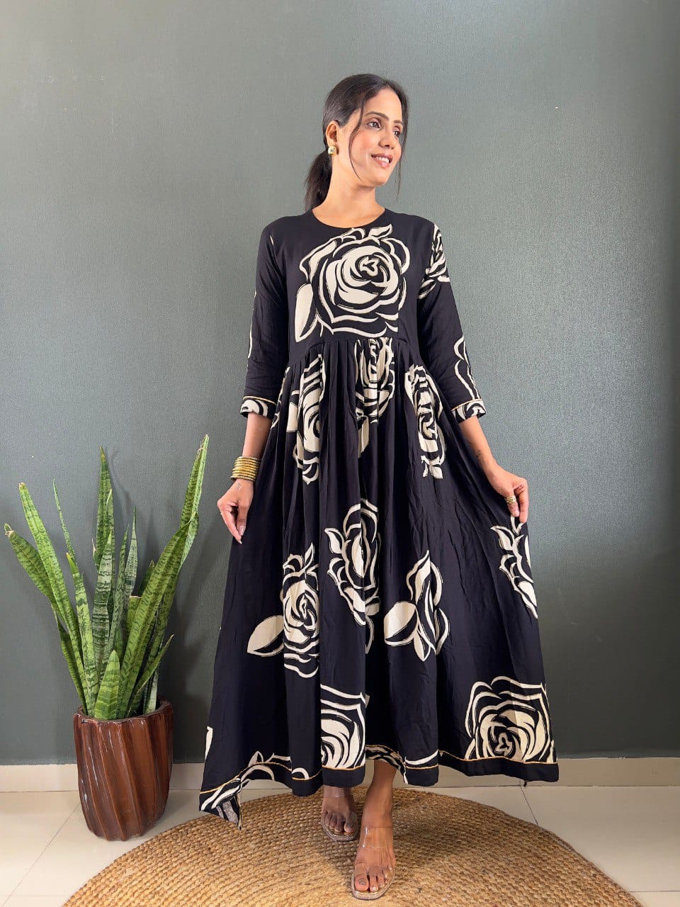 Lekha Var VCL-Anarkali-Black Rayon Floral Printed Gown Collection
